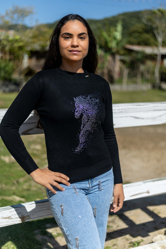 Pullover Careca Strass Cavalo Esvoaçante - Preto