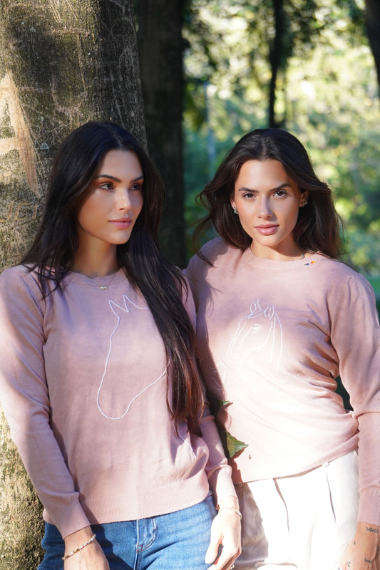 Pullover careca - Cavalo Contorno *bordado a mão* - Rosa